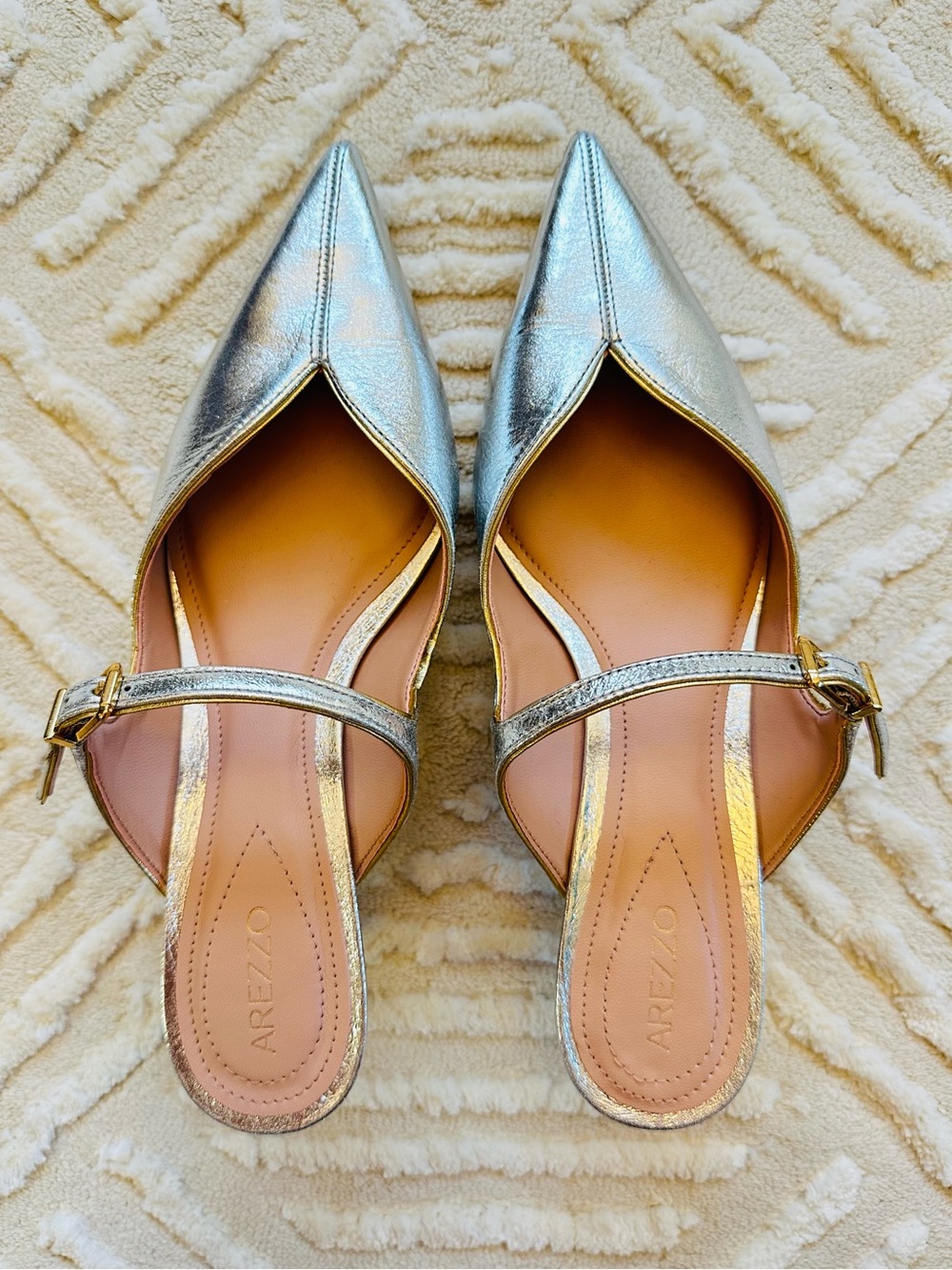 Elegant Arezzo Annabelle Silver Mule Heels Low Stiletto Dressy Evening Shoe 6.5B